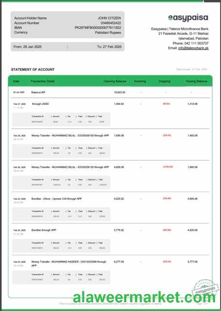 Pakistan Easypaisa statement of account Word and PDF template